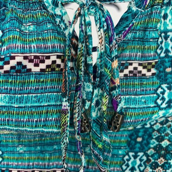 Umgee Womens Large Romper Blue Teal Aztec Print Boho Festival Hippie Summer - Picture 7 of 12